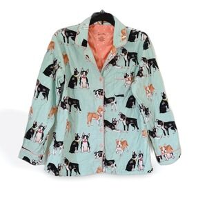 Nick & Nora Womens L Boston Terrier Dog Print Cotton Pajama Top Mint Green L